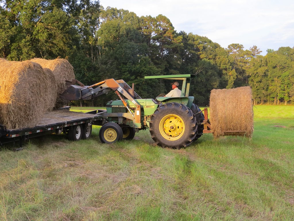 tractor loading hay to move from the field