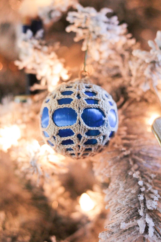 Blue ball ornament with crochet done by my grandmother