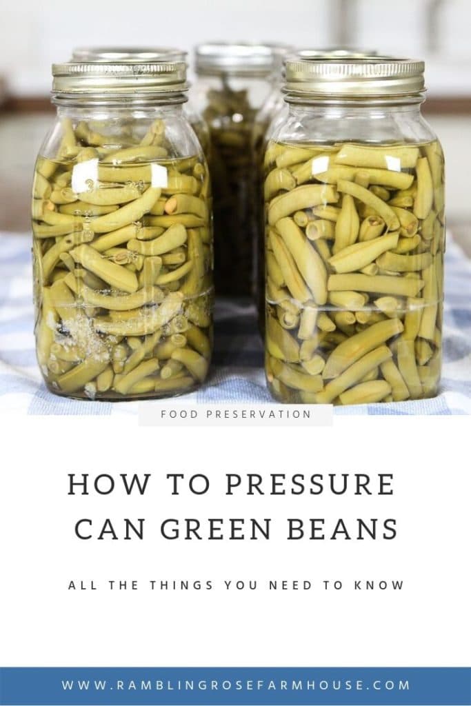 Canned green beans with title Pressure Canning Green Beans